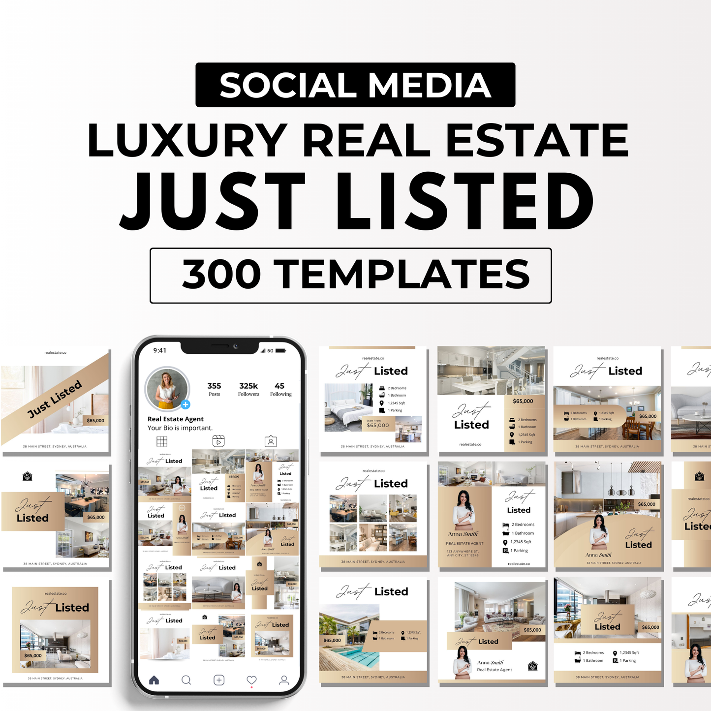 just listed social media template bundle-luxury gold