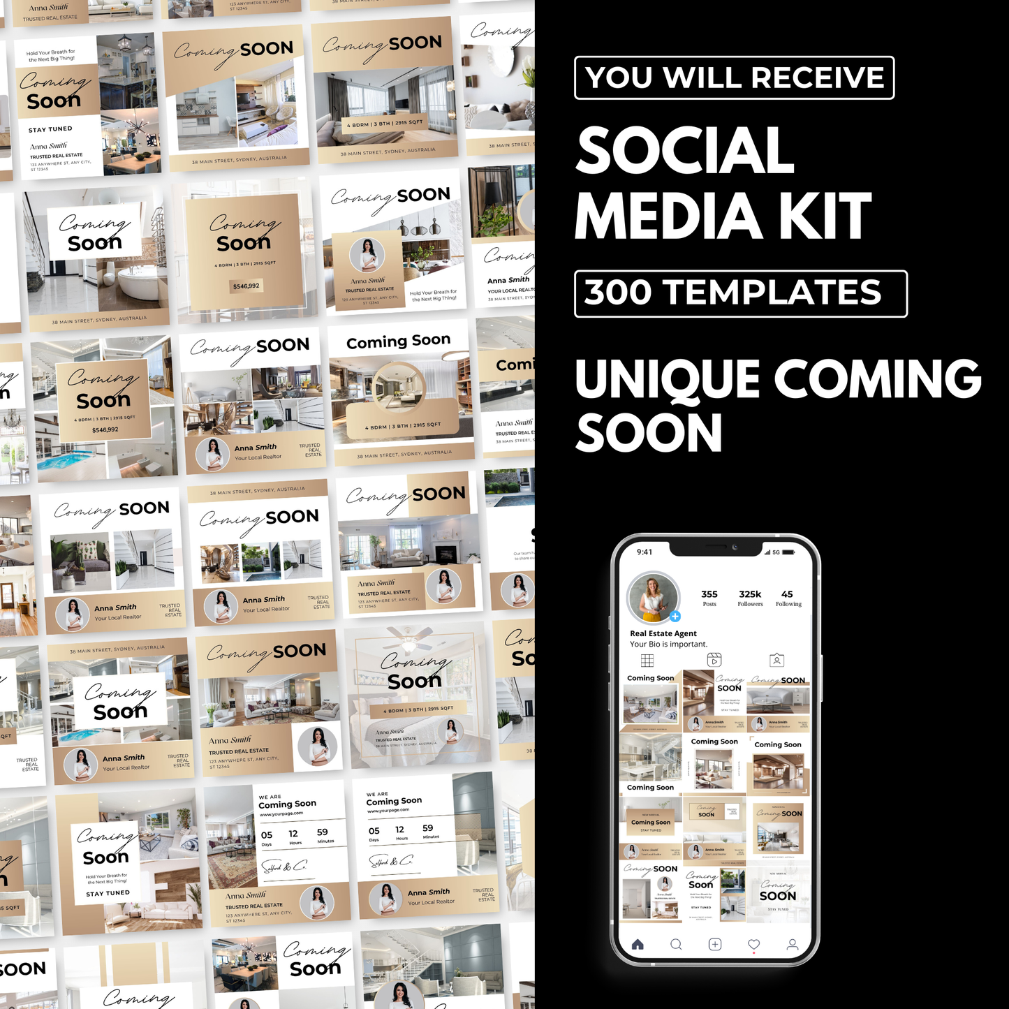 coming soon social media template bundle-luxury gold