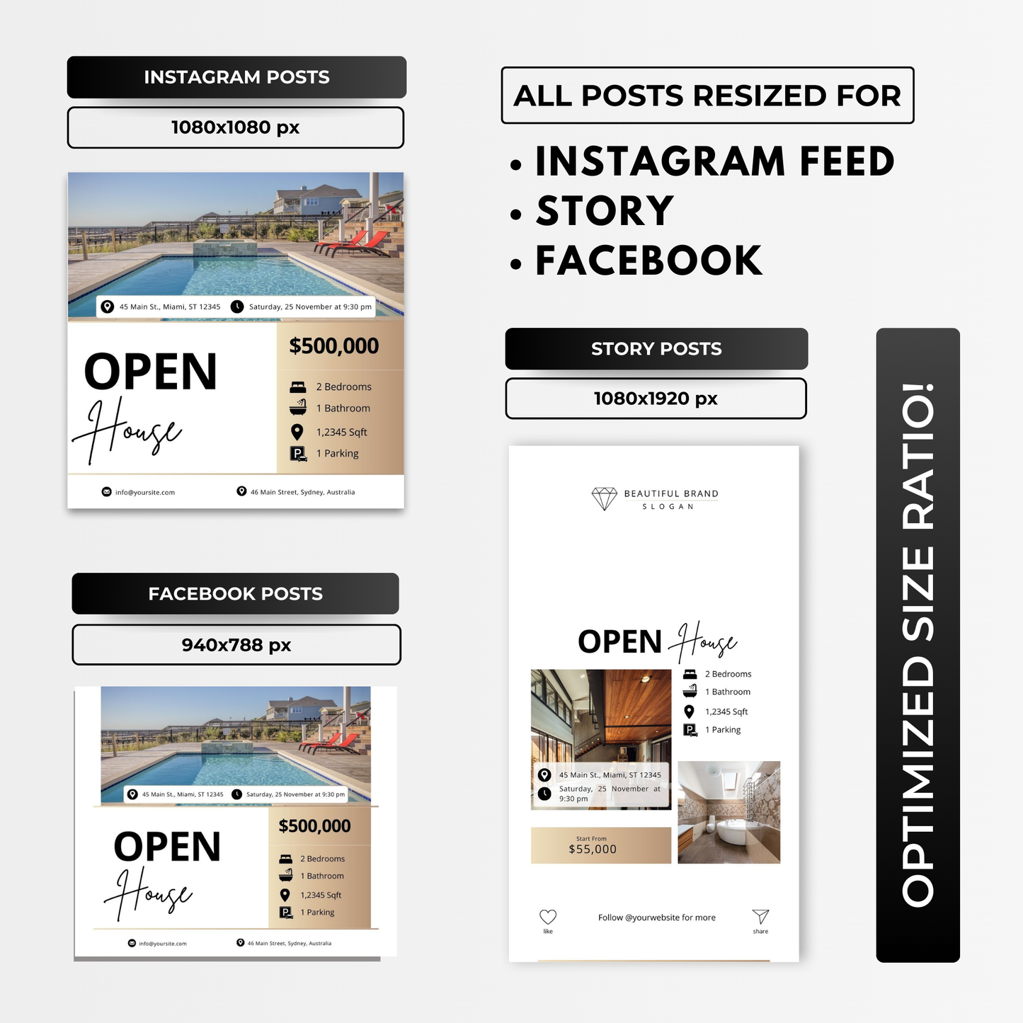 open house social media template bundle-luxury gold